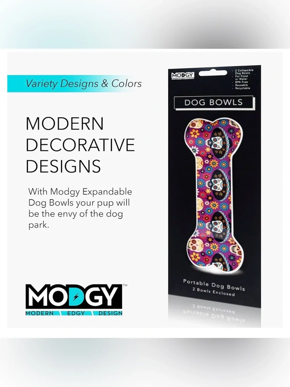 2-Pack Modgy Expandable Dog Bowls Set - Mexican Sugar Skulls Design - NWT